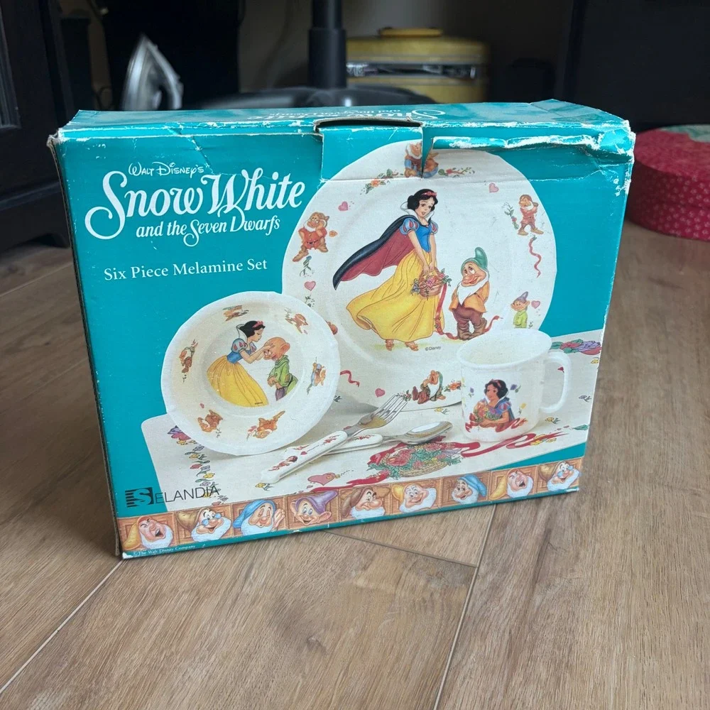 RARE Full Set Vtg Disney Snow White Seven Dwarfs 6pc Melamine Set Selandia Plate